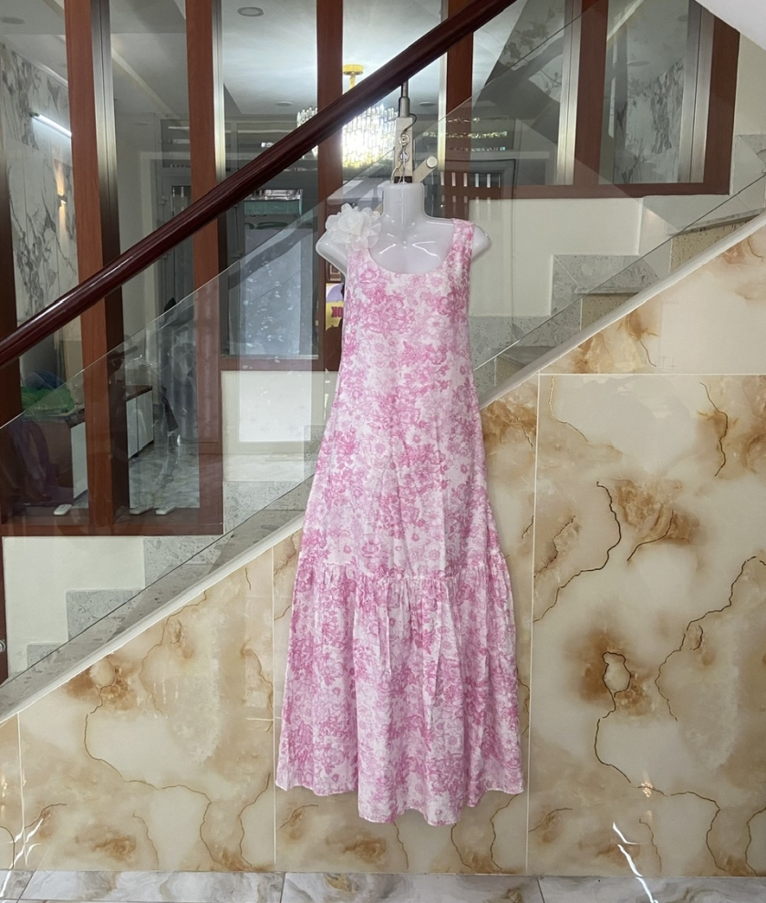 Đầm dài đến gót chân vải Linen xô màu hồng